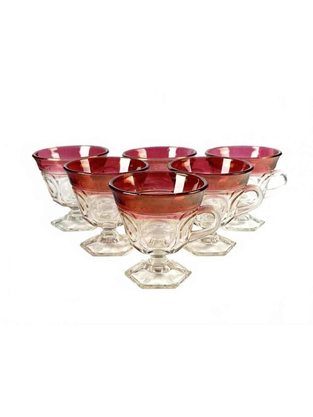 Set of 6 Indiana Glass Kings Crown Ruby Flash Footed Punch Cups Thumbprint